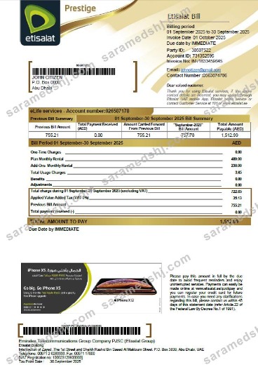 UAE Etisalat utility bill template in Word and PDF formats, version 2